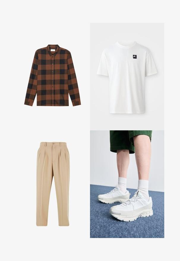 Rudas ir juodas langeliais ilgarankovė marškiniai, pagaminti iš audinio su sagų apykakle ir sagų užsegimu; turi rankogalių rankoves.; Balta medvilnės marškinėliai su trumpomis rankovėmis ir apvalia iškirpte; ant kairiojo krūtinės puikuojasi mažas juodas stačiakampis "Nike Air" logotipas.; Smėlio spalvos permatomos kelnės su tiesiomis kojomis, pagamintos iš lygaus audinio, su sagos uždarymu ir diržo kilpomis liemens srityje.; Baltos sportinės bateliai su tekstūruotais uždengimais, masyviu padu ir pilkais akcentais. Dėvimi su baltais trumpais kojiniais ir žaliais šortais mėlyname paviršiuje.