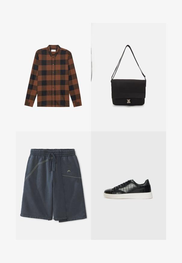 Cămașă cu mânecă lungă, cu carouri maro și negre, confecționată dintr-un material cu guler butonat și placket butonat; are mâneci cu manșete.; Shorts grii închis, dintr-un amestec de bumbac, cu talie elastica, șnur, buzunare laterale și accente de cusătură galbene.; Tenisi negri cu un exterior din piele texturată imitată crocodil, vârf rotund și o talpă din cauciuc alb contrastant, cu un finisaj neted.; Geantă de messenger neagră, realizată din material neted, cu un capac pliat, hardware din metal argintiu și o curea pentru umăr ajustabilă.