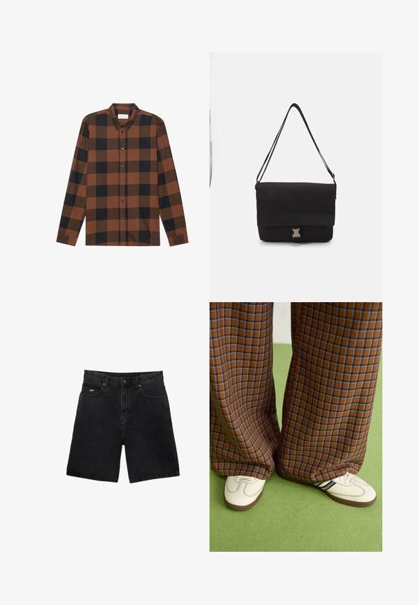 Bruin en zwart geruit overhemd met lange mouwen, gemaakt van stof, met een button-down kraag en knoopsluiting; heeft boorden met manchetten.; Zwarte denim shorts met een rechte snit, vijf zakken, een metalen knoopsluiting en een subtiel merkembleem op de voorzak.; Bruine en blauwe geruite wijde broek, gecombineerd met witte schoenen met zwarte accenten en een gestructureerde zool, gezet tegen een groene achtergrond.; Zwarte schoudertas van glad materiaal, met een omklapflap, zilveren sluiting en een verstelbare schouderband.