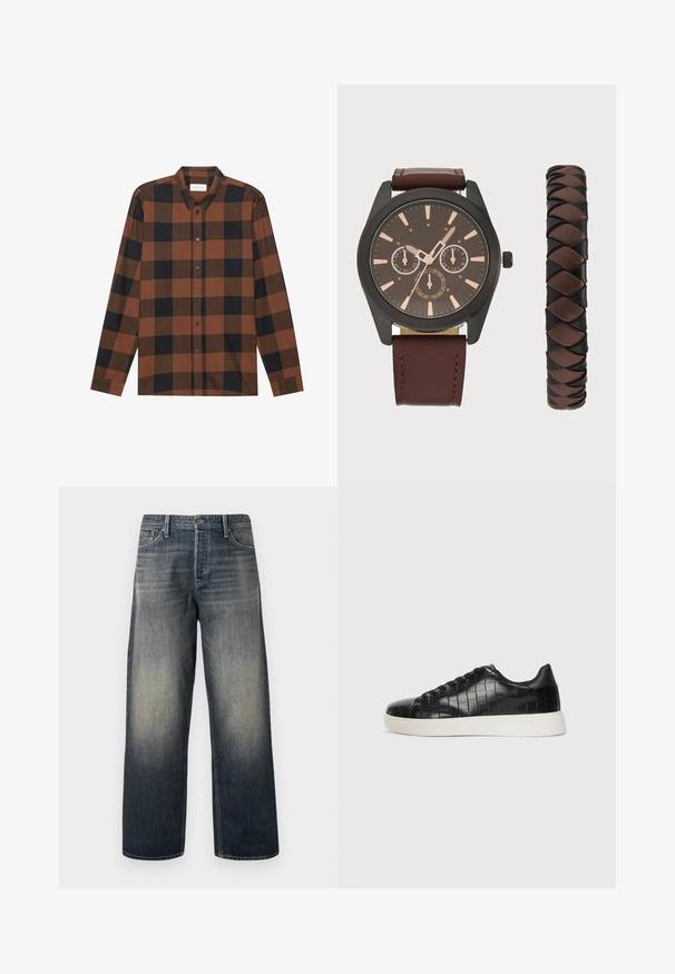 Brūna un melna pārbaude ar garām piedurknēm, izgatavota no auduma ar pogu leju pie kakla un pogu aizdari; ir aproču piedurknes.; Platām kājām džinsi tumši zilā denima ar gradienta apdari, ar pogu aizdari, piecu kabatu dizainu un strukturētām šuvju detaļām.; Melni sporta apavi ar teksturētu krokodila raksta ādas augšdaļu, noapaļotu pirkstu daļu un kontrastējošu baltu gumijas zoli ar gludu virsmu.; Pier One SET - Pulkstenis - black/brown