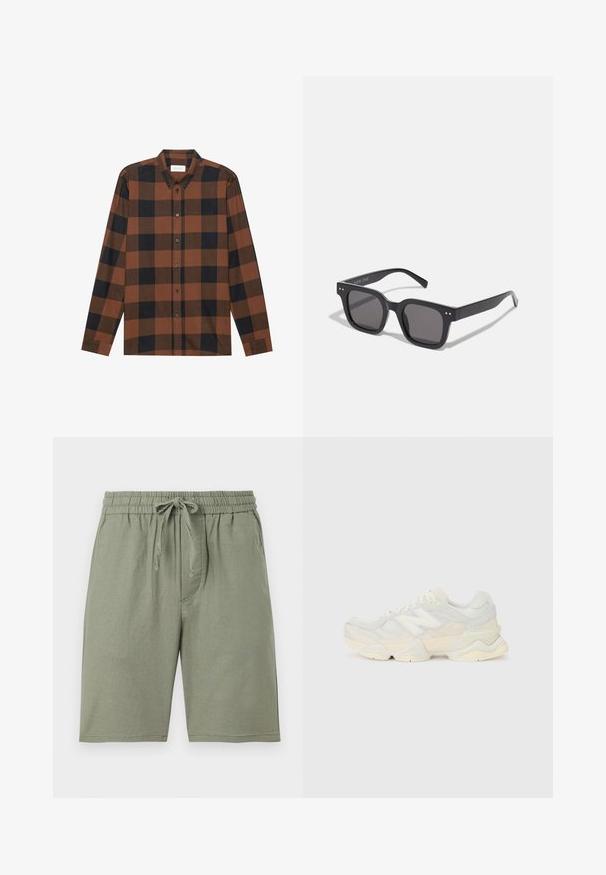 Rutig långärmad skjorta i brunt och svart, tillverkad av tyg med knäppning vid kragen och knäppning fram; har manschetter vid ärmarna.; Ljusgröna bomullsshorts med elastisk midjeband och justerbar dragsko. Har sidofickor och en knälång klipp.; Lättviktig sneaker med en ovandel av mesh och mocka i mjuka krämfärger, med en rejäl sula och tredimensionella detaljer.; Svarta rektangulära solglasögon med mörka linser, med en tjock ram, diskreta detaljer på sidorna och inga synliga logotyper förutom varumärket.
