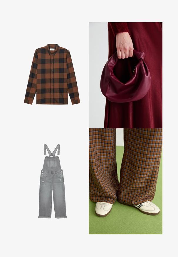 Ruskea ja musta ruudullinen pitkähihainen paita, joka on valmistettu kankaasta, jossa on napillinen kaulus ja napitettavat etupaneelit; varusteena on mansettireunat.; Harmaat farkkuhaalarit, joissa on säädettävät hihnat, etupussukka, sivupainikkeet ja kuluneet yksityiskohdat lahkeissa.; Ruskonsin ja sininen ruutukuvioinen leveälahkeinen housut yhdistettynä valkoisiin kenkiin, joissa on mustia yksityiskohtia ja tekstuuripohjat, vihreää taustaa vasten.; Burgundy-nahkakäsilaukku, jossa on pehmeä, ryppyinen muotoilu ja pyöreä muoto. Kahva on kiinnitetty tukevasti, ja siinä on sileä pinta.