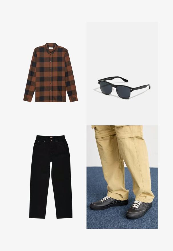 Brun og sort ternet langærmet skjorte lavet af stof med button-down krave og knaplukning; har manchetter ved ærmerne.; Sorte denim jeans med lige pasform, der har fem lommer, brun syning og lynlåslukning. Glat tekstur og holdbart materiale.; Sorte lavtoppede sneakers med hvide snørebånd og syninger, parret med løse beige cargo-bukser, stående på blåt tæppe.; Sorte solbriller med rektangulær form, mørke linser, sølvdetaljer ved tindingerne og en mat finish på stellet.