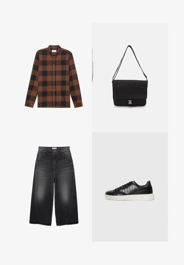 Rjava in črna karirasta srajca z dolgimi rokavi, izdelana iz blaga, z ovratnikom na gumb in gumbnim zapiranjem; ima manšete na rokavih.; PULL&BEAR MEGA BAGGY - Vrečaste kavbojke - black; Črne športne copate z zgornjim delom iz teksturirane usnjene tkanine s kroko, zaobljenim nosom in kontrastnim belim gumijastim podplatom z gladko površino.; Črna torba za sporočila iz gladkega materiala, z zložljivim pokrovom, srebrno sponko in nastavljivim naramnim trakom.