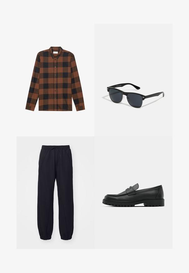 Καφετιά και μαύρη καρό μακρυμάνικη μπλούζα φτιαγμένη από ύφασμα με γιακά που κουμπώνει και μπροστινό πλέγμα με κουμπιά; διαθέτει μανίκια με μανσέτες.; Μαύρο παντελόνι φόρμας φτιαγμένο από μαλακό ύφασμα, με ελαστική μέση και κορδόνι, μανίκια με ριμπ και διακοσμητές ραφές.; Μαύρα δερμάτινα λουστρίνια με στρογγυλή μύτη, που διαθέτουν ραμμένο σχέδιο, χαμηλή πλατφόρμα και υφή με λαστιχένια σόλα με προεξοχές.; Μαύρα γυαλιά ηλίου σε ορθογώνιο σχήμα, σκούροι φακοί, ασημί λεπτομέρειες στους κροτάφους και ματ φινίρισμα στον σκελετό.