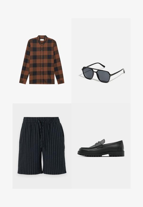 Barna és fekete kockás hosszú ujjú ing, gombos gallérral és gombos nyitással; gombos mandzsettákkal rendelkezik.; Sötétkék rövidnadrág függőleges világos csíkokkal, rugalmas derékrésszel, húzózsinóros zárással, és oldalsó zsebekkel. Könnyű anyagból készült.; Fekete bőr loafer cipők kerek orral, varrott mintázattal, alacsony platformtalpú és texturált, barázdált gumitalppal.; Fekete napszemüveg nyolcszögletű kerettel, sötét lencsékkel, fényes felülettel, vékony szárakkal és arany díszítéssel az elülső részén.