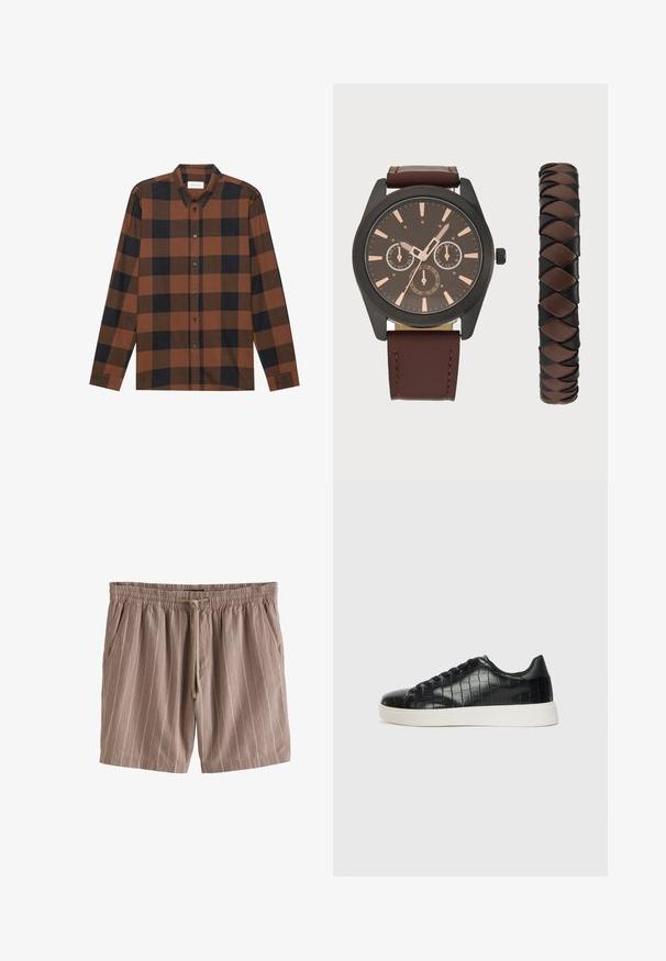 Camicia a maniche lunghe a quadri marroni e neri realizzata in tessuto, con colletto alla francese e patta abbottonata; presenta maniche con polsini.; Shorts a righe marroni realizzati in tessuto leggero, con vita elasticizzata, chiusura con cordino e tasche laterali.; Sneaker nere con una toma superiore in pelle con effetto croc embossato, punta rotonda e suola in gomma bianca a contrasto con una finitura liscia.; Pier One SET - Orologio - black/brown