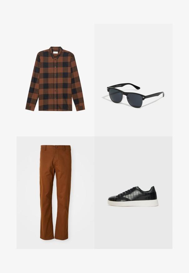 Brūna un melna pārbaude ar garām piedurknēm, izgatavota no auduma ar pogu leju pie kakla un pogu aizdari; ir aproču piedurknes.; Brūnas kokvilnas bikses ar regulāru piegriezumu, ar pogu aizdari, jostu cilpām un taisnu kāju dizainu. Gluda faktūra bez rakstiem.; Melni sporta apavi ar teksturētu krokodila raksta ādas augšdaļu, noapaļotu pirkstu daļu un kontrastējošu baltu gumijas zoli ar gludu virsmu.; Melnas saulesbrilles ar taisnstūra formu, tumšiem stenģiem, sudraba akcentiem pie tempļiem un matētu apdari uz rāmja.