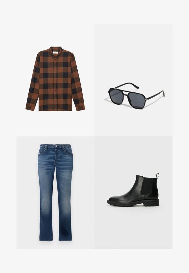 Rutig långärmad skjorta i brunt och svart, tillverkad av tyg med knäppning vid kragen och knäppning fram; har manschetter vid ärmarna.; Mörkblå denimjeans med rak bendesign, med framfickor, subtil blekning och en klassisk knäppning i midjan.; Jack & Jones JFWHOSKINS - Stövletter - anthracite; Svarta solglasögon med oktagonal ram, mörka linser, glansig yta, smala stänger och gyllene detaljer på framsidan.; Set med fyra ringar: en har en svart rektangulär sten, tre är metalliska med texturer, inklusive kedjelänk, ribbad och rutmönstrad.