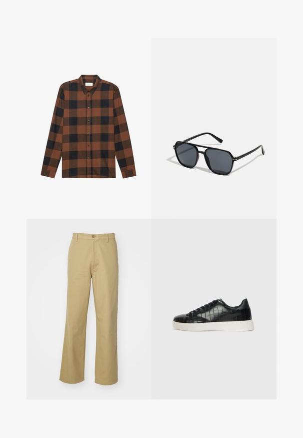 Rjava in črna karirasta srajca z dolgimi rokavi, izdelana iz blaga, z ovratnikom na gumb in gumbnim zapiranjem; ima manšete na rokavih.; Bež hlače širokega kroja iz bombaža. Imajo sprednje zapiranje na gumb in šivano obrobo. Gladka tekstura brez vzorcev ali dodatkov.; Črne športne copate z zgornjim delom iz teksturirane usnjene tkanine s kroko, zaobljenim nosom in kontrastnim belim gumijastim podplatom z gladko površino.; Črne sončne naočniki z oktagonalnim okvirjem, temnimi lečami, sijočo površino, tankimi nogicami in zlatimi detajli spredaj.
