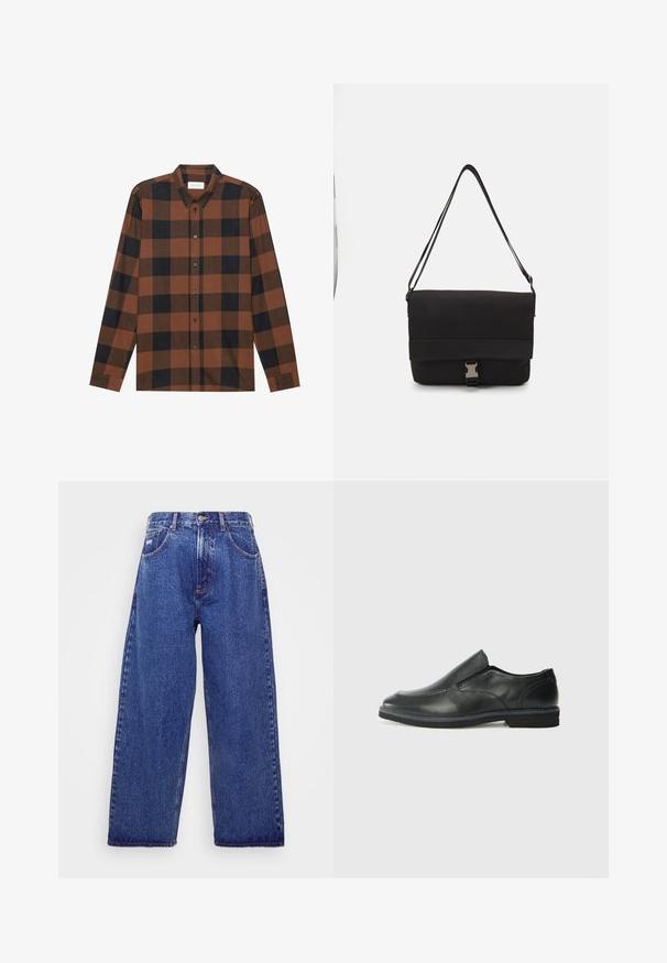 Smeđi i crni karirani košulja dugih rukava izrađena od tkanine s ovratnikom na gumbe i zakopčavanjem na gumbe; ima rukave s manžetama.; Široke plave traperice s visokim strukom, s pet džepova, kopčanjem na gumb i suptilnim izbljedjeljivanjem za teksturu.; Crne kožne cipele na sklapanje s glatkom gornjom površinom, prošivenim detaljima, zaobljenim vrhom i niskim gumene potplate. Potplat ima minimalne uzorke.; Crni messenger ruksak od glatkog materijala, s preklopom, srebrnim kopčanjem i podesivim remenom za rame.
