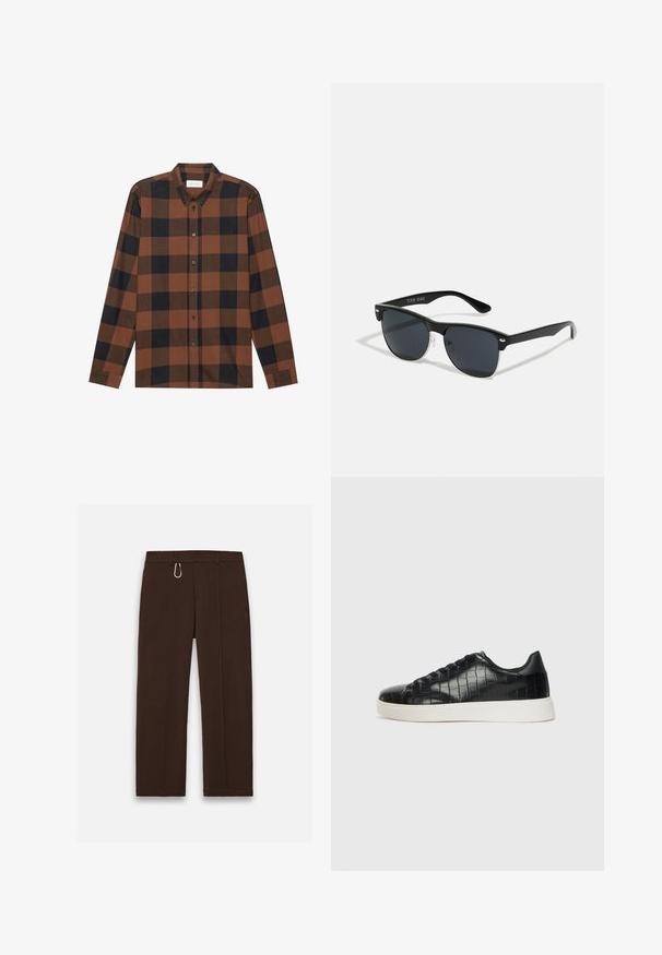 Chemise à manches longues à carreaux marron et noir en tissu, avec un col à rabat et une patte de boutonnage ; présente des manches à poignets.; Pantalons marron à jambes larges en tissu lisse avec une fermeture éclair et un clip à mousqueton comme accent notable, comprenant deux poches latérales.; Baskets noires avec un dessus en cuir gaufré effet crocodile, bout rond et semelle en caoutchouc blanc contrastant avec une finition lisse.; Lunettes de soleil noires de forme rectangulaire, verres foncés, accents argentés aux tempes et finition mate sur la monture.