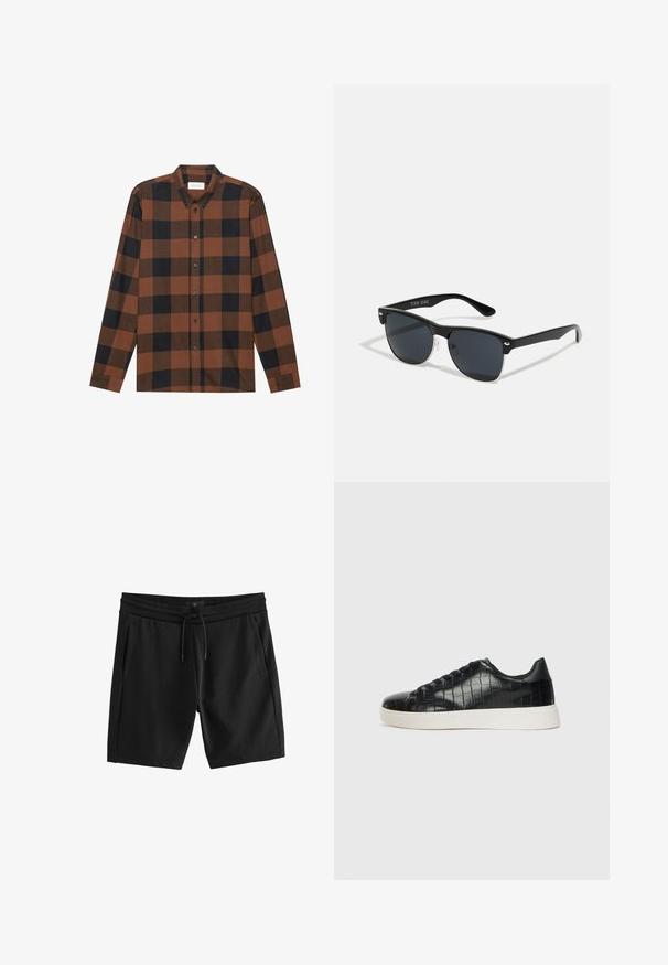 Pruuni ja musta ruudulise mustriga pikavarrukaga särk, millel on nööbiga krae ja nööbitud lipik; omaduseks on kinnitatud varrukad.; Mustad must shorts, mis on valmistatud pehmest puuvillasegust, elastse vöökoha ja paelaga, ning kahest küljetaskust.; Mustad mustad mustad kroko-reljeefiga nahast ülemine osa, ümar varvas ja kontrastne valge kummitald, millel on sile viimistlus.; Mustad mustmikrooni kujuga mustad prillid, tumedate klaasidega, hõbedased detailid templite juures ja mati viimistlusega raam.