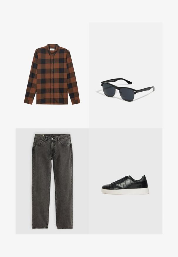Chemise à manches longues à carreaux marron et noir en tissu, avec un col à rabat et une patte de boutonnage ; présente des manches à poignets.; Jean droit noir délavé avec cinq poches, fermeture à bouton et passants de ceinture, posé à plat sur un fond blanc.; Baskets noires avec un dessus en cuir gaufré effet crocodile, bout rond et semelle en caoutchouc blanc contrastant avec une finition lisse.; Lunettes de soleil noires de forme rectangulaire, verres foncés, accents argentés aux tempes et finition mate sur la monture.