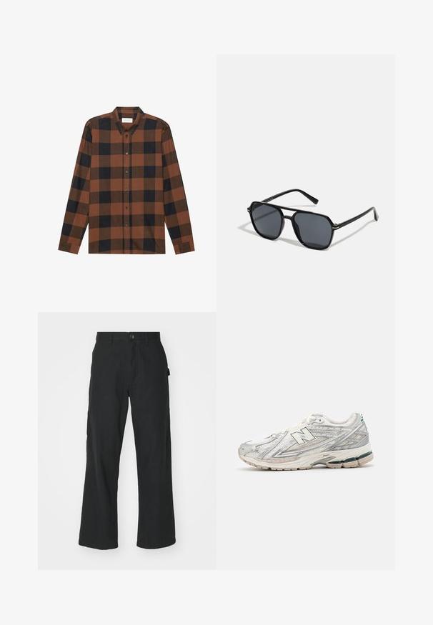 Brown and black checkered long-sleeve shirt made of fabric with a button-down collar and buttoned placket; features cuffed sleeves.; Black wide-leg trousers made of lightweight fabric, featuring a button closure, front pockets, and a smooth texture.; Running shoe features a silver and white mesh upper with a green accent. The sole is chunky and textured, designed for cushioning and support.; Black sunglases with octagonal frame, dark lenses, glossy finish, thin temples, and gold accents on the front.