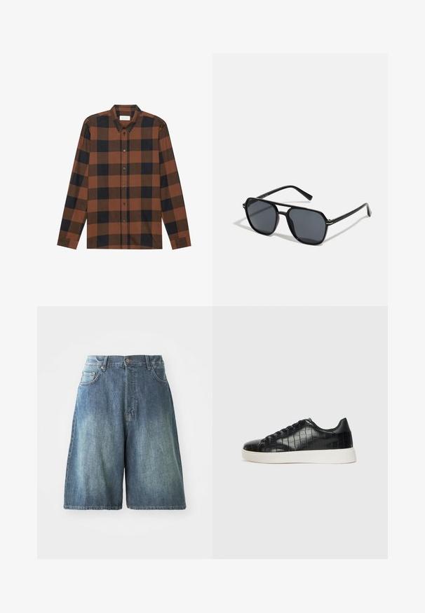 Rjava in črna karirasta srajca z dolgimi rokavi, izdelana iz blaga, z ovratnikom na gumb in gumbnim zapiranjem; ima manšete na rokavih.; Jean kratke hlače v srednje modrem pranju, z visokim pasom, petimi žepi in ravnim krojem. Posebna podrobnost whiskering na sprednji strani.; Črne športne copate z zgornjim delom iz teksturirane usnjene tkanine s kroko, zaobljenim nosom in kontrastnim belim gumijastim podplatom z gladko površino.; Črne sončne naočniki z oktagonalnim okvirjem, temnimi lečami, sijočo površino, tankimi nogicami in zlatimi detajli spredaj.