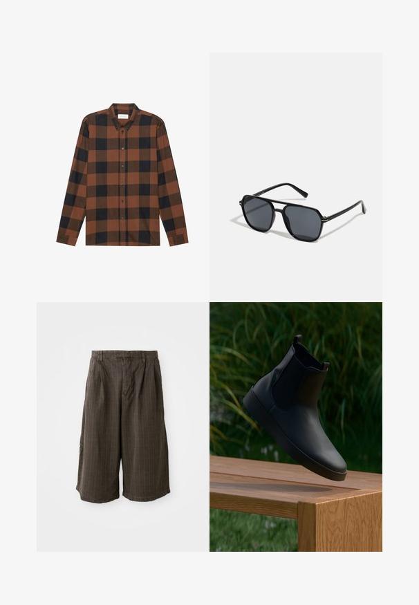 Brown and black checkered long-sleeve shirt made of fabric with a button-down collar and buttoned placket; features cuffed sleeves.; Brown striped shorts with a loose fit. Made from lightweight fabric, featuring pleats and a cuffed hem for added detail.; Black leather ankle boot with elastic side panels, smooth texture, rounded toe, and flat sole, positioned above a wooden table against greenery.; Black sunglases with octagonal frame, dark lenses, glossy finish, thin temples, and gold accents on the front.