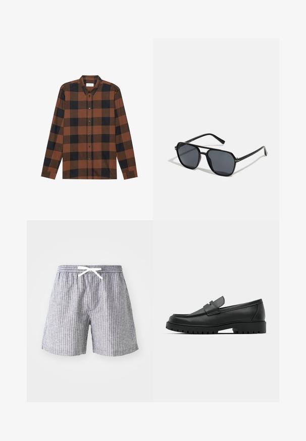 Brun og sort ternet langærmet skjorte lavet af stof med button-down krave og knaplukning; har manchetter ved ærmerne.; Grå stribede shorts med snor i livet, lavet af letvægtsstof. Har lodrette hvide striber og en løs, komfortabel pasform.; Sorte læder loafers med rund tå, der har et syet design, lav platformssål og en struktureret, skridsikker gummisål.; Sorte solbriller med oktagonal stel, mørke linser, blank overflade, fine stænger og guldaccenter på forsiden.