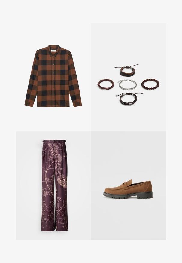 Brūna un melna pārbaude ar garām piedurknēm, izgatavota no auduma ar pogu leju pie kakla un pogu aizdari; ir aproču piedurknes.; Purpurīgas platās bikses ar kartes rakstu gaišākā tonī. Izgatavotas no gludas auduma, ar krokām un elastīgu jostu.; Brūni zamša mokasīni ar noapaļotu purngalu un zemu melnu gumijas zolu, ar dekoratīvu siksniņu un šuvju detalizācijām augšpusē.; Piecu aproču komplekts, kas sastāv no brūnas ādas, koka pērlītēm un sudraba ķēdes; dažādas tekstūras un formas, ar regulējamiem aizdariem.