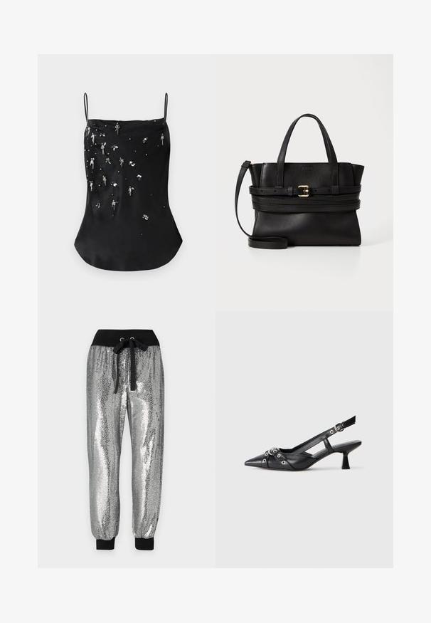 Schwarze Satin-Camisole mit dünnen Trägern, verziert mit verstreutem Beading und Pailletten in Silber- und dunklen Farbtönen, die ein strukturiertes Muster erzeugen.; Silberne Pailletten-Jogginghosen mit einem schwarzen elastischen Bund, Kordelzug und schwarzen Bündchen an den Knöcheln für eine schmale Passform.; Schwarzer Leder-Slingback-Schuh mit spitz zulaufender Zehenpartie, dekorativen Riemen mit METALLÖSEN und niedrigem Blockabsatz. Strukturelle Oberfläche.; Schwarze Lederhandtasche mit strukturiertem Design, doppelten Obergriffen, abnehmbarem Trageriemen und goldfarbener Schnallenakzent auf einem horizontalen Band.