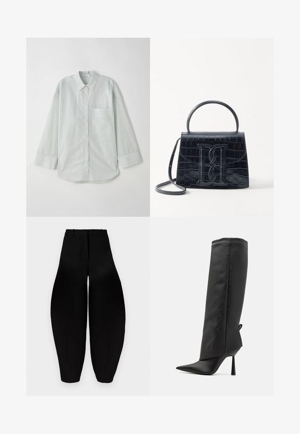 Világos zöld csíkos, hosszú ujjú ing, gallérral, egyetlen mellzsebbel és ívelt aljjal.; Fekete, bő szárú nadrág magas derékkal, pliszírozott elülső résszel és szűkített bokával. Simább anyagból készült, matt felülettel.; Fekete bőr magassarkú csizmák hegyes orral, magas szárú és sima felületűek. Hátul kis hurok részlet található.; Fekete krokodilbőr hatású kézitáska, amelynek strukturált kialakítása van, felső fogantyúval, állítható pánttal és egy kiemelkedő elülső logó részlettel.