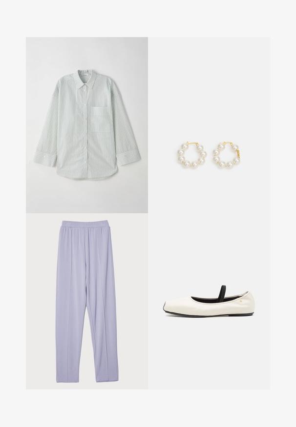 Lys grøn stribede langærmede skjorte med knaplukning og krave, med en enkelt brystlomme og en buet kant.; Lyse lilla, elastisk talje, løst siddende bukser med en glat tekstur og sidelæg. Designet til komfort og bevægelsesfrihed.; Flade ballet sko i hvid læder med rund tå, sort elastisk rem og lille gul emblem nær hælen. Blød tekstur og minimalistisk design.; Perle hoop øreringe med en guldtonet metalclasps. Designet inkluderer flere glatte, hvide perler i en cirkulær form.