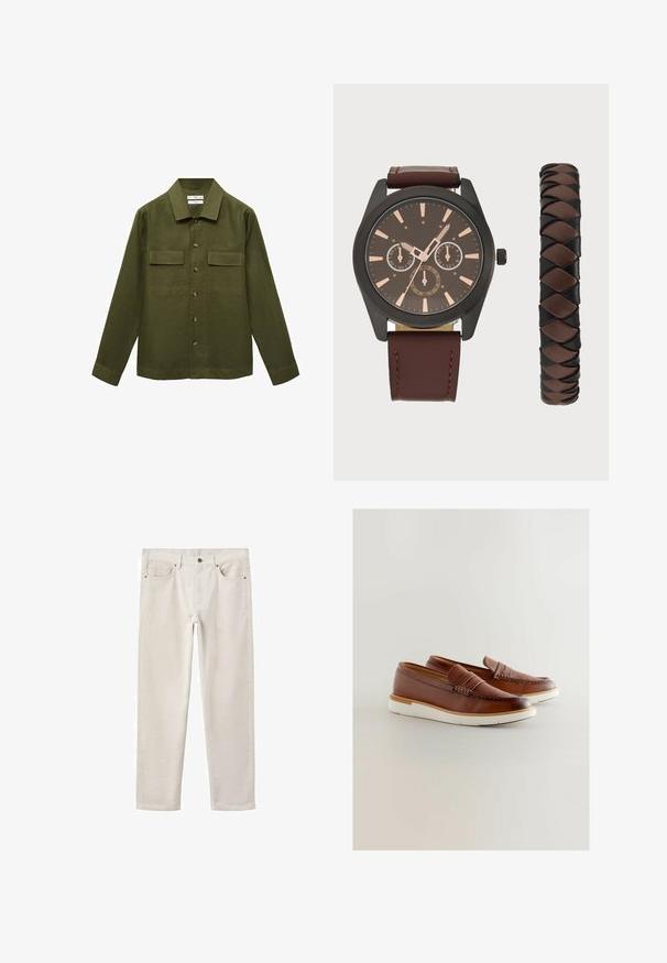 Mango UMBRIA - Majica - khaki; Svijetlosmeđi pamučni traperice ravnog kroja, s pet džepova, metalnim kopčanjem i suptilnom teksturom. Bez vidljivih uzoraka ili akcenta.; Smeđe kožne mokasinke s bijelom gumenom potplatom, s tkanim detaljem sprijeda i niskim dizajnom za jednostavno obuvanje.; Pier One SET - Ručni sat - black/brown