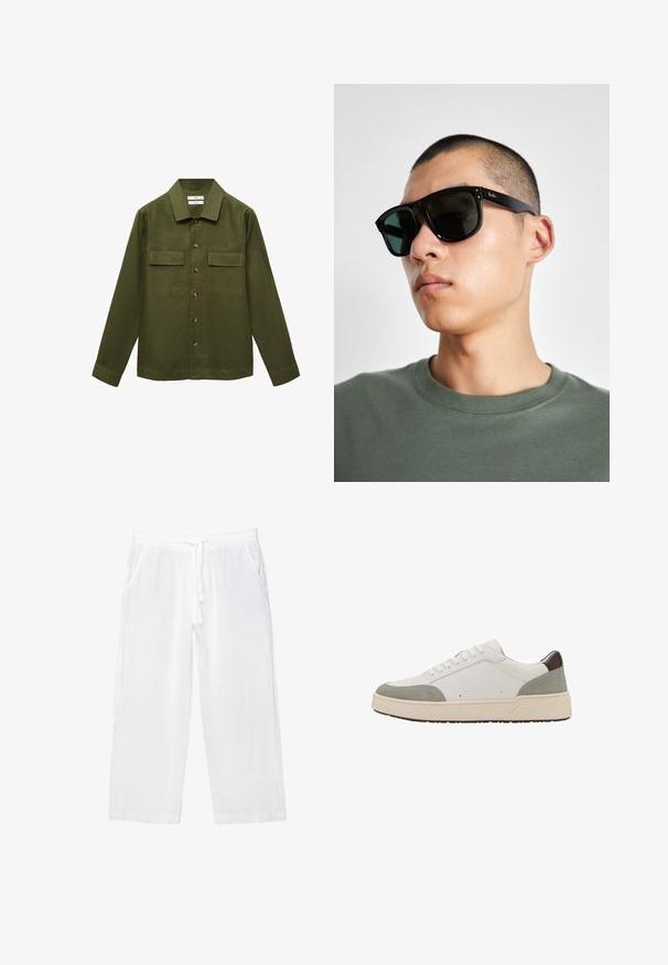 Mango UMBRIA - Camicia - khaki; Pantaloni cropped bianchi in lino con vita elasticizzata, coulisse e due tasche laterali. Texture morbida e design leggero per il massimo comfort.; Sneaker bianco con dettagli in suede grigio e pelle marrone scuro. Presenta un design con lacci, punta arrotondata, suola in gomma bianca spessa e cuciture minime.; Occhiali da sole rettangolari neri con lenti scure, caratterizzati da una forma distintiva e un marchio sulla parte tempiale. Indossati da una persona con una maglietta verde.