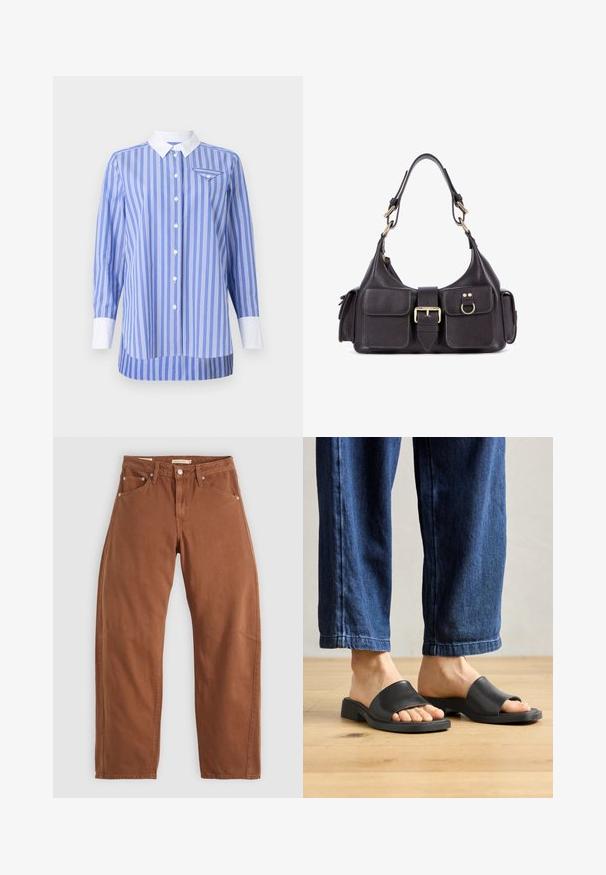 Niebieska i biała koszula w paski z długimi rękawami, z przodu zapinana na guziki, z białym kołnierzykiem i mankietami. Ma małą kieszonkę po lewej stronie na piersi.; Rude brązowe dżinsy o prostym kroju z kieszeniami z przodu i z tyłu, metalowymi nitami, zapięciem na guzik i pętlami na pasek, leżące płasko na białym tle.; Czarne klapki wsuwane wykonane z gładkiego materiału, z odkrytymi palcami i szeroką górną taśmą, ustawione na tle ciemnych dżinsowych spodni o prostym kroju.; Czarna skórzana torebka z dwoma przednimi kieszeniami, centralną klamrą i złotymi detalami. Gładka faktura z zaokrąglonym kształtem.