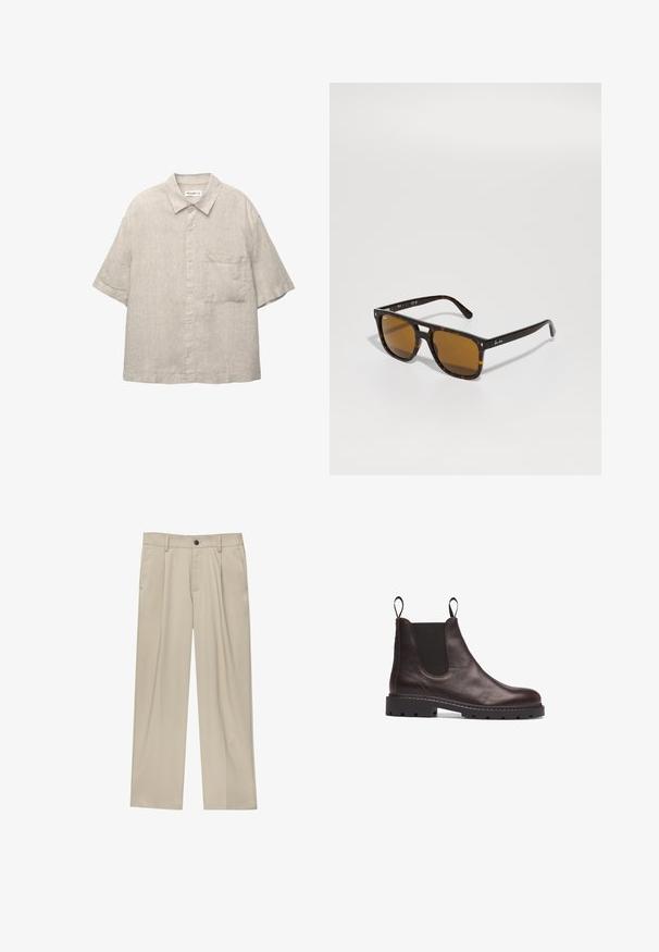 Chemise à boutons à manches courtes, de couleur gris clair, en tissu texturé, avec une poche poitrine et un col décontracté.; Pantalon beige à coupe droite, doté d'un seul bouton noir, de passants de ceinture et de poches latérales. Texture de tissu lisse et design minimaliste.; Bottines Chelsea en cuir marron avec des panneaux latéraux élastiques, finition texturée et semelle en caoutchouc noir robuste avec des encoches pour l'adhérence.; Lunettes de soleil en écaille de tortue avec montures carrées, verres marron et branding subtil sur les branches. Finition lisse et verre trempé pour plus de durabilité.
