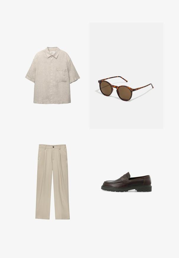 Lyhythihainen, vaaleanharmaa napitettava paita, joka on valmistettu teksuurikankaasta ja jossa on rintatasku sekä rento kauluksen muotoilu.; Beige-housut suoran leikkauksen omaavina, joissa on yksi musta nappi, vyölenkit ja sivutaskut. Sileä kangas ja minimalisti muotoilu.; Tummanruskeat nahkaloaferit, joissa on teksturoitu pinta, pyöreä varvas ja paksu musta kumipohja. Niissä on koristeelliset tikkauskoristeet.; Pyöreät aurinkolasit, joissa on kilpikonnakuviot ja ruskeat linssit. Ominaisuuksiin kuuluu ohuet sangan osat, joissa on lievää tekstuuria ja metallielementtejä linssien lähellä.