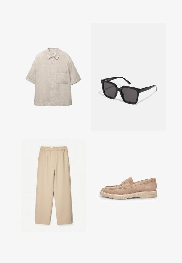 Koszula krótki rękaw w jasnoszarym kolorze, wykonana z teksturowanej tkaniny, z kieszonką na piersi i swobodnym kołnierzykiem.; Beżowe spodnie szerokie z elastycznym paskiem, wykonane z miękkiego materiału, o gładkiej fakturze i minimalnych detalach szwów.; Jasno-beżowy zamszowy loafer z zaokrąglonym noskiem, ozdobnym paskiem na wierzchu oraz teksturowaną gumową podeszwą dla lepszej przyczepności.; Czarny okulary przeciwsłoneczne w kwadratowej oprawie z ciemnymi przyciemnionymi soczewkami, wykonane z gładkiego, błyszczącego plastiku. Ramiona mają prosty, wydłużony kształt.; Biała perłowa naszyjnik o jednolitym, okrągłym kształcie, gładkiej powierzchni oraz metalowym zapięciu z przedłużanym łańcuszkiem dla regulowanej długości.