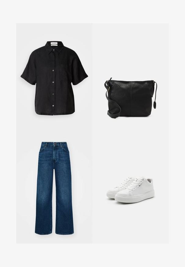 Black linen shirt with short sleeves, button-down front, pointed collar, and a chest pocket. Features subtle texture and relaxed fit.; High-waisted, wide-leg jeans in dark blue denim with a smooth texture, contrast stitching, and five-pocket design. Front button closure.; White low-top sneakers with a smooth canvas upper, round toe, and thick rubber sole. Features lace-up front and minimalistic design.; Black leather crossbody bag with a flat shape, gold hardware accents, and an adjustable strap. Smooth texture with minimal stitching details.