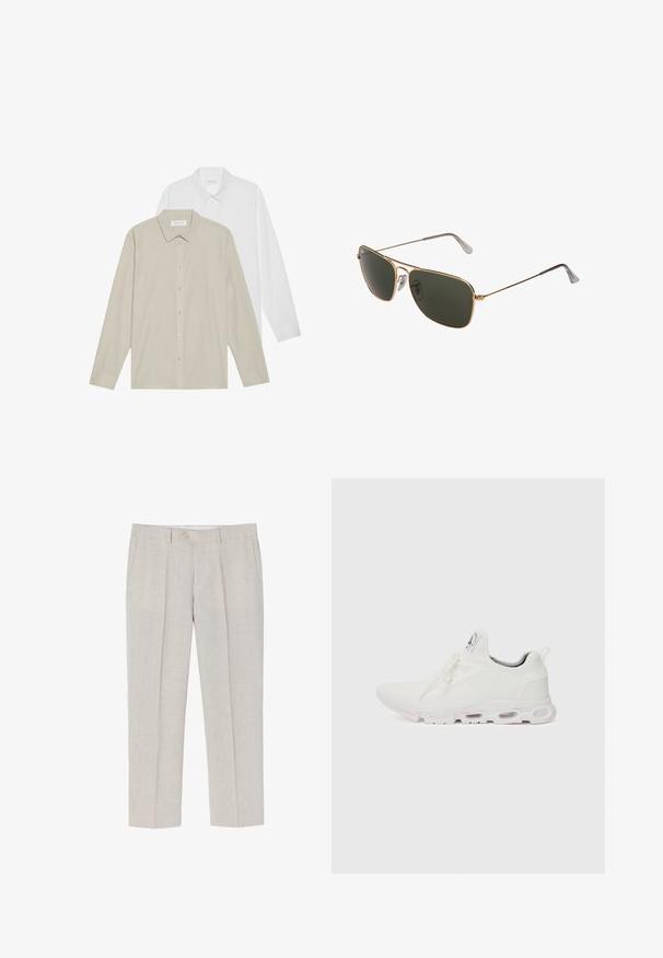 Kaks pikka varrukaga särki: üks valgest kangast, teine beežikate peenikeste vertikaalsete triipudega. Mõlemal on nööpidega kraed ja mansetid.; Heledad beez linen püksid, millel on sirge jalg, peen tekstuur, kaks eelmist taskut ja ühe nupu kinnitamine vööl.; Valged sportijalatsid, millel on tekstuuriga kudum peal, lame paelad ja pehmendatud tallad nähtavate õhukambritega täiendava toe jaoks.; Kuldmetallist pilotisilmad suveprillid suurte tumeroheliste läätsedega, millel on õhuke raam ja läbipaistvad nina padjad mugavuseks.