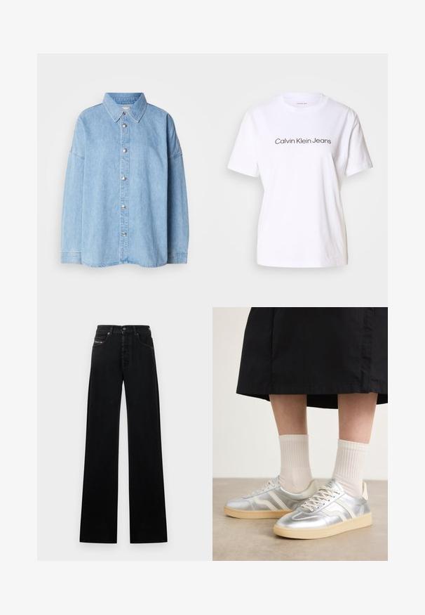 Light blue denim shirt with a button-up front, spread collar, and long sleeves, featuring metal buttons and a relaxed fit design.; White cotton t-shirt with short sleeves, featuring black text "Calvin Klein Jeans" across the front. Crew neck design, smooth texture.; Black wide-leg jeans made of denim, featuring a front button closure, five pockets, and a small logo patch on the waistband.; Silver synthetic sneakers with white stripes, cream sole, and textured surface; paired with light ribbed socks and a black skirt.
