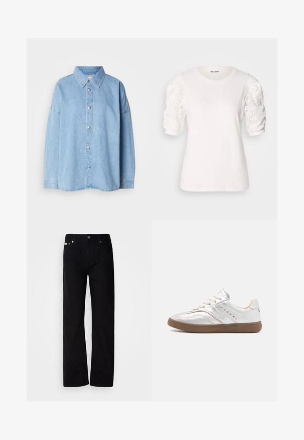Světle modrá denimová košile s zapínáním na knoflíky, rozloženým límcem a dlouhými rukávy, vybavená kovovými knoflíky a uvolněným střihem.; Bílá tričko s krátkými, nabíranými rukávy vyrobené z krajky. Kulatý výstřih, jemná textura a mírně volný střih. Viditelný štítek značky uvnitř.; Černé džíny rovného střihu s pěti kapsami, stříbrnými nýty a zapínáním na knoflík. Látka má hladký, mírně texturovaný povrch.; Nubikk RAY OWEN - Tenisky - silver metallic/shiny mocca