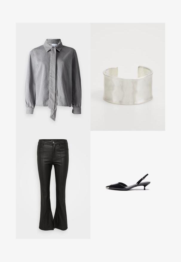 Cămașă gri cu guler și cravată în față, confecționată dintr-un material texturat, având mâneci lungi, manșete cu nasturi și croială dreaptă.; Pantaloni negri evazați cu o textură lucioasă, asemănătoare pielii, prezentând buzunare frontale, închidere cu nasture și fante pe laterale la tiv.; Pantofi cu toc slingback din piele patent neagră, cu vârf ascuțit, accent metalic pe vârf și toc subțire de tip kitten. Textură netedă, design minimalist.; Zign Brăţară - silver-coloured