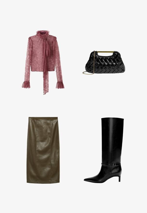 Čipkasta bluza v mauve barvi z naborkom okoli vratu, dolgimi rokavi in s trakom na sprednji strani; ima razširjene, naborkane manšete.; Olivnozeleni umetni usnjeni svinčnik krilo z gladko teksturo, do kolen, ki ima vertikalne šive za prilagojen videz.; Črne usnjene zimske škornje do kolen s koničastim nosom in majhno peto. Imajo ozko zaponko z kovinsko zaponko okoli gležnja. Gladka tekstura.; Črna pletena usnjena torbica z zlatim kovinskim ročajem in odstranljivo verižico. Ima sijajno površino in mehak, okrogel obliko.