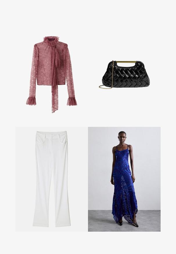 Spetsblus i mauve med rynkad halsringning, långa ärmar och bandknut fram; har utsvängda, rynkade ärmslut.; Vita utsvängda byxor med en slät tygtextur, med två framfickor och ett stitchat midjeband för en figursydd look.; Maxiklänning med blå och lila djurmönster, tunna remmar, åtsittande byst, utsvängd fåll och genomskinliga detaljer.; Svart vävd läderhandväska med ett guldmetallhandtag och en avtagbar kedjestraps. Har en glänsande yta och mjuk, rundad form.