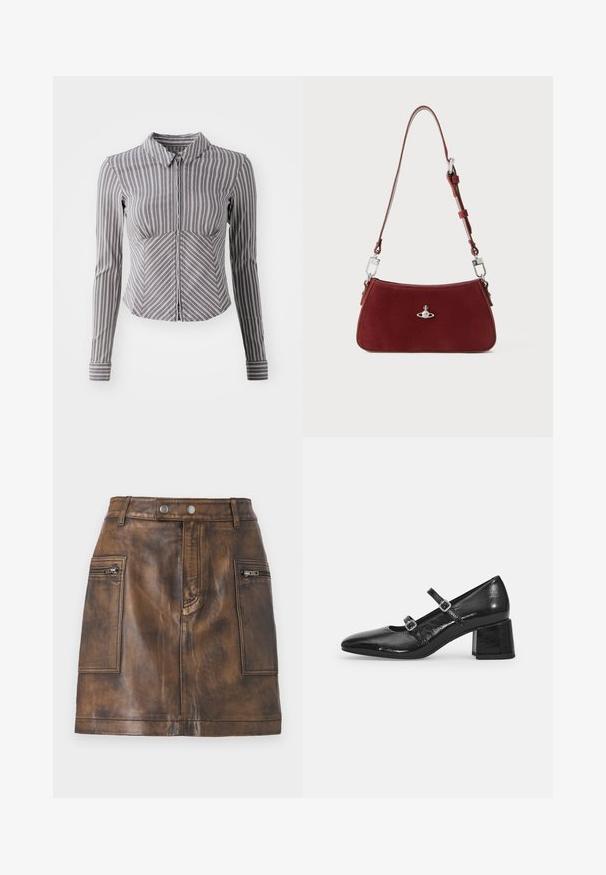 Sivi dolgimi rokavi srajca z navpičnimi belimi črtami, ovratnikom in zadrgo spredaj. Ima oprijet dizajn in ukrivljen spodnji rob.; Rjava usnjena krila z visokim pasom, sprednjimi žepi na zadrgo in gladko teksturo s subtilnimi variacijami za globino.; Črne lakaste Mary Jane čevlje s koničastim nosom, dvema prilagodljivima trakoma in robustnim blokom pete. Gladka tekstura in sijajen zaključek.; Rdeča semiš torba za rame s ukrivljeno obliko. Ima srebrno-tonski poudarjen detajl in nastavljiv trak z kovinskimi detajli. Gladka tekstura.