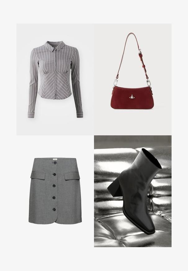 Chemise à manches longues grise avec des rayures blanches verticales, col montant et fermeture éclair à l'avant. Elle présente un design ajusté et un ourlet inférieur arrondi.; Jupe rayée gris avec deux poches avant, un ourlet rond et six boutons noirs sur le devant pour la fermeture. Texture de tissu structurée.; Botte noire à la cheville en matériau brillant avec un bout carré et un talon effilé, sur un fond argenté brillant et capitonné.; Sac à épaule en daim rouge avec une forme incurvée. Présente un accent en métal argenté et une bandoulière réglable avec des détails en quincaillerie. Texture lisse.