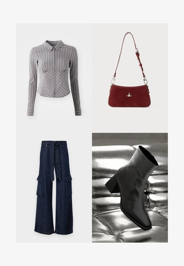 Camisa gris de manga larga con rayas blancas verticales, cuello con solapa y cierre en la parte delantera. Presenta un diseño ajustado y un dobladillo inferior curvado.; Pantalones cargo de pierna ancha en denim oscuro con cintura ceñida por un cinturón, que cuentan con dos bolsillos laterales y dos bolsillos de solapa en las piernas. Color sólido, textura suave.; Botín negro de tobillo hecho de material brillante, con punta cuadrada y tacón cónico, contra un fondo plateado brillante con almohadillado.; Bolso de hombro de ante rojo con forma curvada. Presenta un acento en tono plateado y una correa ajustable con detalles de herrajes. Textura suave.; Aros de plata en forma de aro con un acabado liso y brillante. Diseño redondeado y ligero, con cierre de tipo post-back.