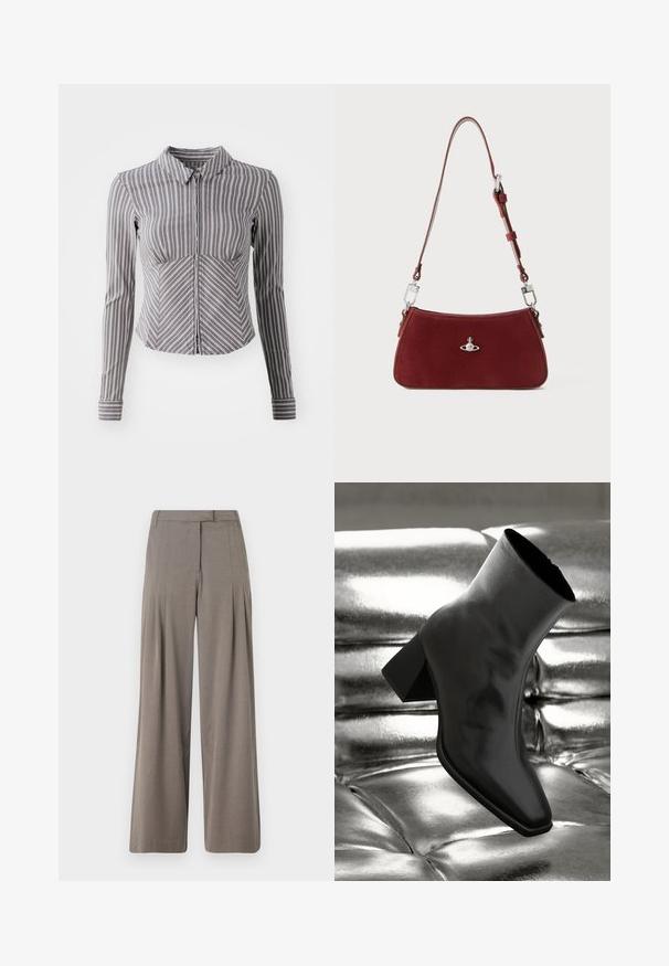 Siva košulja dugih rukava s vertikalnim bijelim prugama, ovratnik i prednji patentni zatvarač. Ima prilagođen dizajn i zakrivljeni donji rub.; Hlače s širokim nogavicama u svijetlosmeđem materijalu, s plisama, ravnim prednjim dijelom i uredno obrubljenim rubom. Glatka tekstura s suptilnim sjajem.; Crni gležnjača napravljena od sjajnog materijala sa četvrtastim vrhom i suženom petom, postavljena protiv srebrne sjajne pozadine sa nabranim uzorkom.; Crvena suede torba preko ramena s zakrivljenim oblikom. Ima srebrni naglasak i podesivu traku s detaljima od hardvera. Glatka tekstura.
