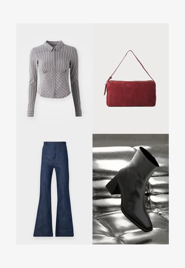 Cămașă gri cu mânecă lungă, cu dungi verticale albe, guler cu guler și fermoar în față. Prezintă un croi ajustat și un tiv inferior curbat.; Jeans evazati din denim de culoare albastră închisă, cu talie înaltă, având cusături vizibile și două buzunare frontale. Textură netedă și deschidere largă a piciorului.; Cizme negre până la gleznă, realizate dintr-un material lucios, cu vârf pătrat și toc conic, plasate pe un fundal strălucitor de argint, cu un model tuftat.; Geantă de umăr din suede burgund cu un singur brâu, de formă rectangulară plată și detalii cu fermoar aurie. Textură netedă cu un design minimalistic.