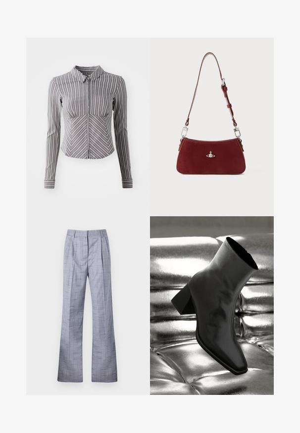 Gray long-sleeve shirt with vertical white stripes, collared neckline, and zipper front. Features a fitted design and curved bottom hem.; Gray plaid trousers with a wide-leg design, featuring pleats and a subtle texture. Made from lightweight fabric with a tailored fit.; Black ankle boot made of glossy material with a square toe and tapered heel, set against a shiny silver tufted background.; Red suede shoulder bag with a curved shape. Features a silver-tone accent and adjustable strap with hardware detailing. Smooth texture.