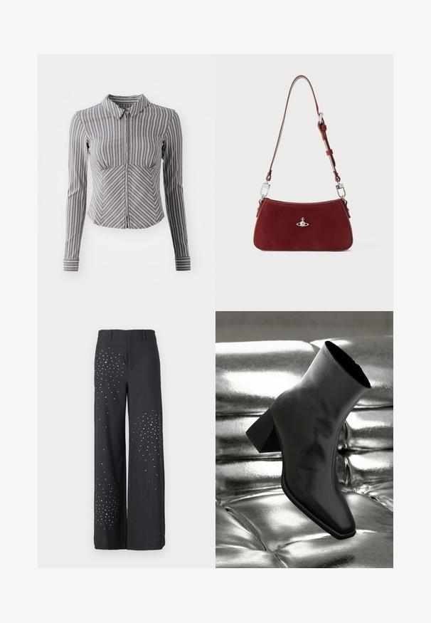 Sivi dolgimi rokavi srajca z navpičnimi belimi črtami, ovratnikom in zadrgo spredaj. Ima oprijet dizajn in ukrivljen spodnji rob.; Široke hlače iz temno sive tkanine, s srebrnimi okraski razpršenimi v gradientnem vzorcu na eni strani. Krojen pas s zankami za pas.; Črne gležnjarje iz sijočega materiala s kvadratnim prstom in zoženim peto, postavljene na sijoče srebrno oblazinjeno ozadje.; Rdeča semiš torba za rame s ukrivljeno obliko. Ima srebrno-tonski poudarjen detajl in nastavljiv trak z kovinskimi detajli. Gladka tekstura.