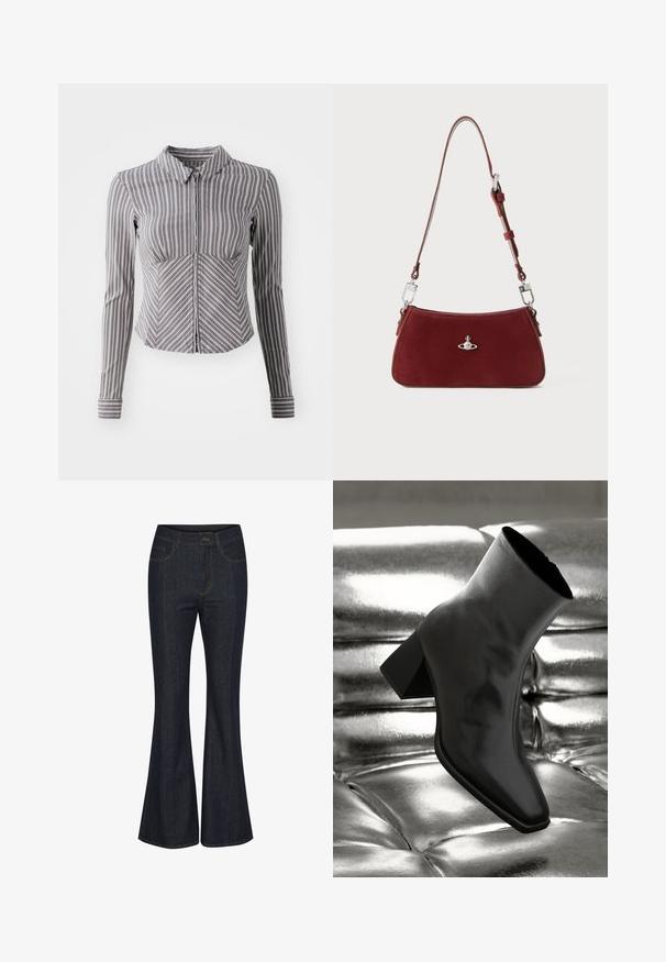Camisa gris de manga larga con rayas blancas verticales, cuello con solapa y cierre en la parte delantera. Presenta un diseño ajustado y un dobladillo inferior curvado.; Jeans acampanados de un azul oscuro, fabricados en denim. Presentan bolsillos frontales, costuras visibles y un cierre de botón en la cintura. Textura suave.; Botín negro de tobillo hecho de material brillante, con punta cuadrada y tacón cónico, contra un fondo plateado brillante con almohadillado.; Bolso de hombro de ante rojo con forma curvada. Presenta un acento en tono plateado y una correa ajustable con detalles de herrajes. Textura suave.