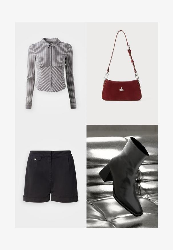 Šedá dlouhá košile s bílými vertikálními pruhy, s límečkem a zipovým zapínáním. Má přiléhavý střih a zakřivený spodní lem.; Černé šortky s precizním střihem, které mají přední kapsu, dekorativní knoflík, sklady a ohrnuté lemy pro čistý vzhled.; Černá kotníková bota vyrobená z lesklého materiálu se čtveratou špičkou a zúženým podpatkem, umístěná na lesklém stříbrném prošívaném pozadí.; Červená semišová kabelka na rameno s křivkovým tvarem. Obsahuje stříbrný akcent a nastavitelné ucho se kovovými detaily. Hladký povrch.