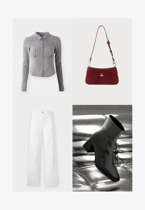 Sivi dolgimi rokavi srajca z navpičnimi belimi črtami, ovratnikom in zadrgo spredaj. Ima oprijet dizajn in ukrivljen spodnji rob.; Bele široke jeans hlače iz bombažnega denima. Imajo gumb in zadrgo, klasične sprednje žepi ter čist, neokrasen dizajn.; Črne gležnjarje iz sijočega materiala s kvadratnim prstom in zoženim peto, postavljene na sijoče srebrno oblazinjeno ozadje.; Rdeča semiš torba za rame s ukrivljeno obliko. Ima srebrno-tonski poudarjen detajl in nastavljiv trak z kovinskimi detajli. Gladka tekstura.