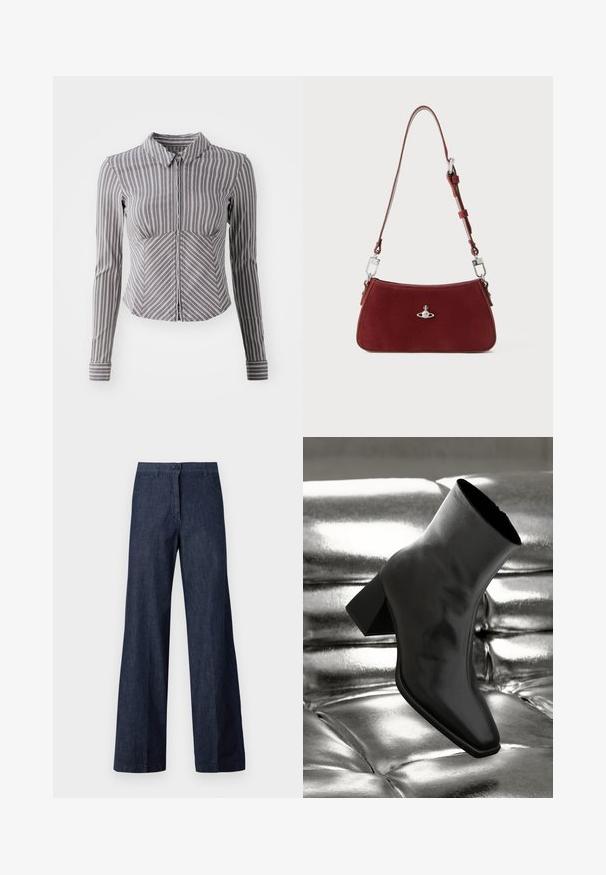 Gray long-sleeve shirt with vertical white stripes, collared neckline, and zipper front. Features a fitted design and curved bottom hem.; Dark denim wide-leg pants featuring a front button closure, two side pockets, and a smooth texture. The fabric has a subtle sheen.; Black ankle boot made of glossy material with a square toe and tapered heel, set against a shiny silver tufted background.; Red suede shoulder bag with a curved shape. Features a silver-tone accent and adjustable strap with hardware detailing. Smooth texture.